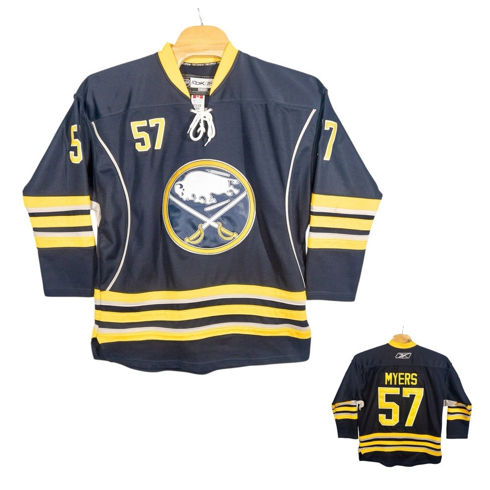 CCM Buffalo Sabers Tyler Myers Jersey Fight Strap Stitched Mens 50 Chaos Giraffe
